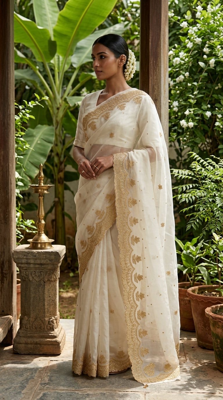 Ivory Grace Embroidered Silk Organza Saree