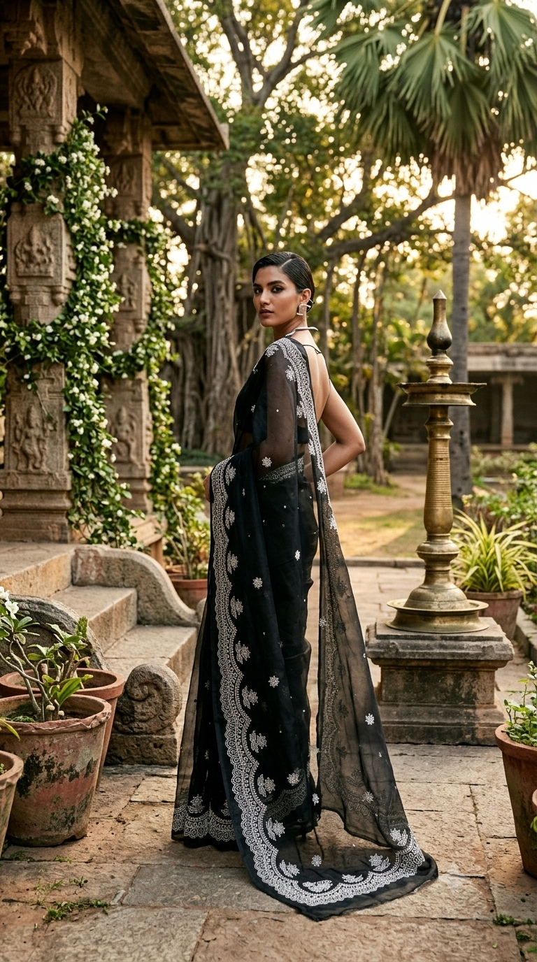 Midnight Noir Embroidered Silk Organza Saree