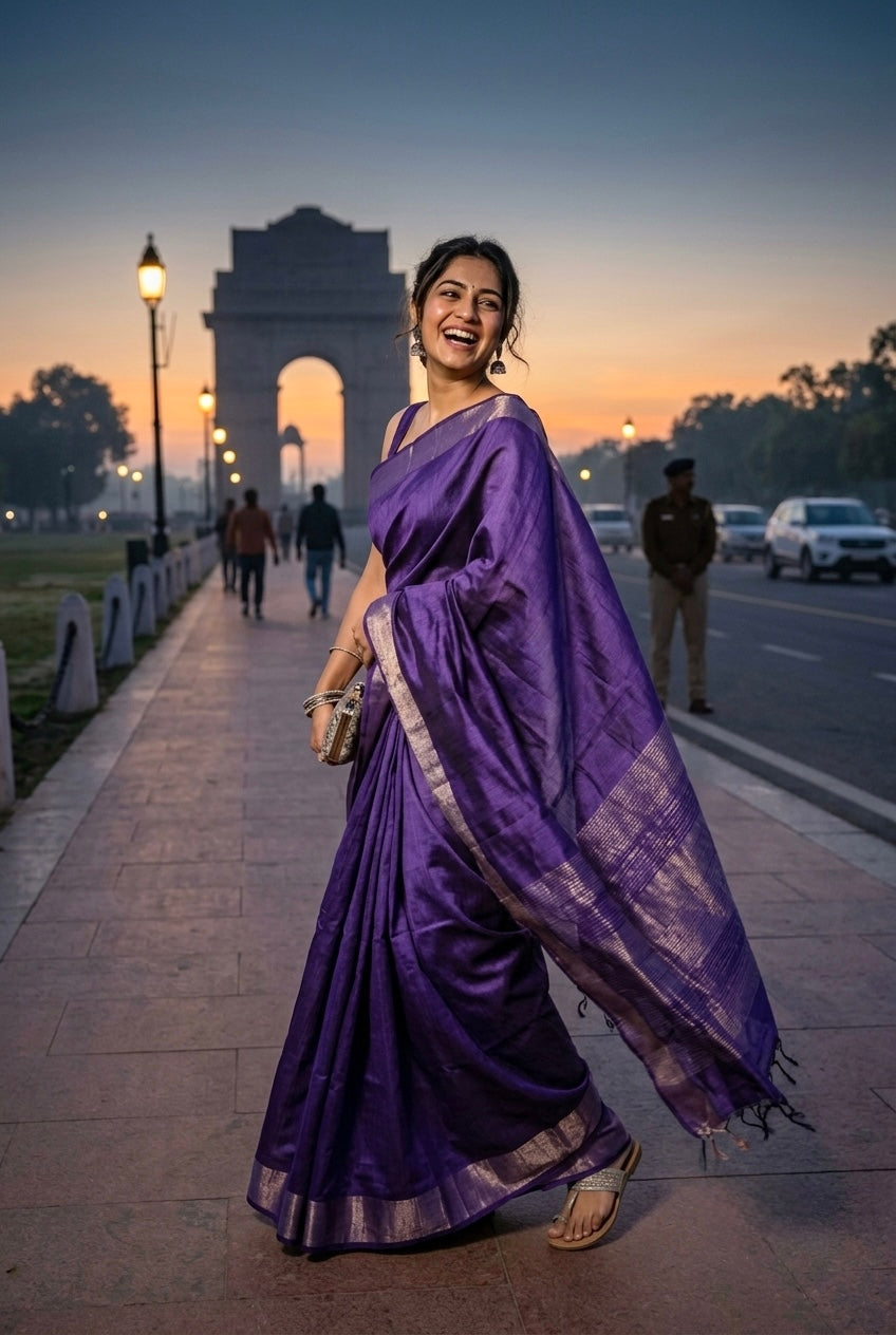 Meher - Purple Wild Tussar Saree with Gold Border