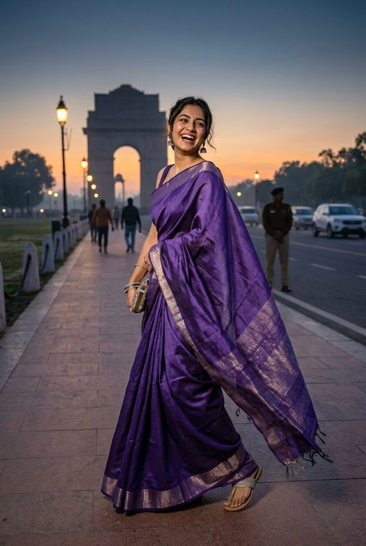 Meher - Purple Wild Tussar Saree with Gold Border