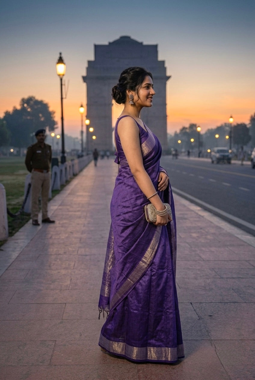 Meher - Purple Wild Tussar Saree with Gold Border