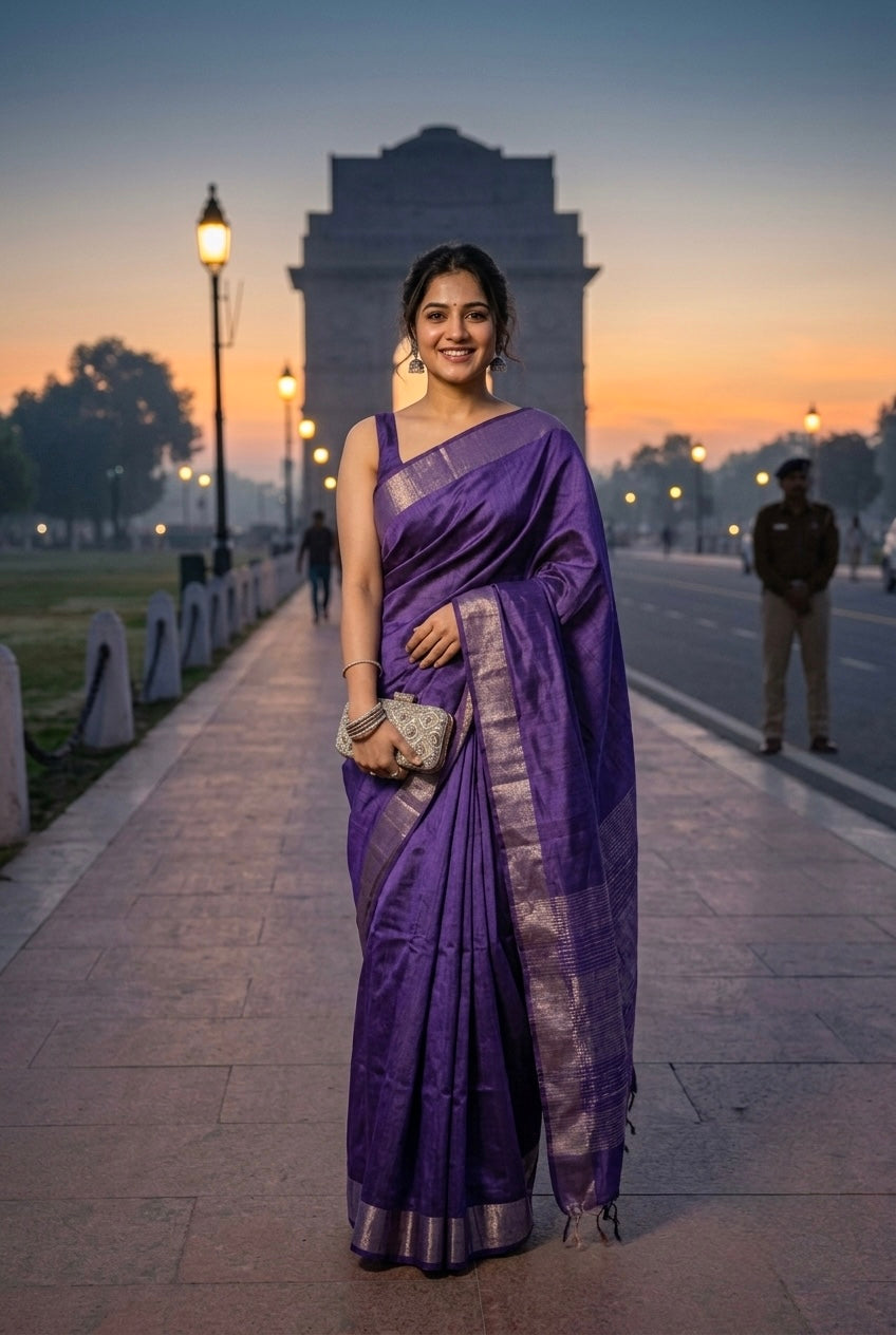 Meher - Purple Wild Tussar Saree with Gold Border