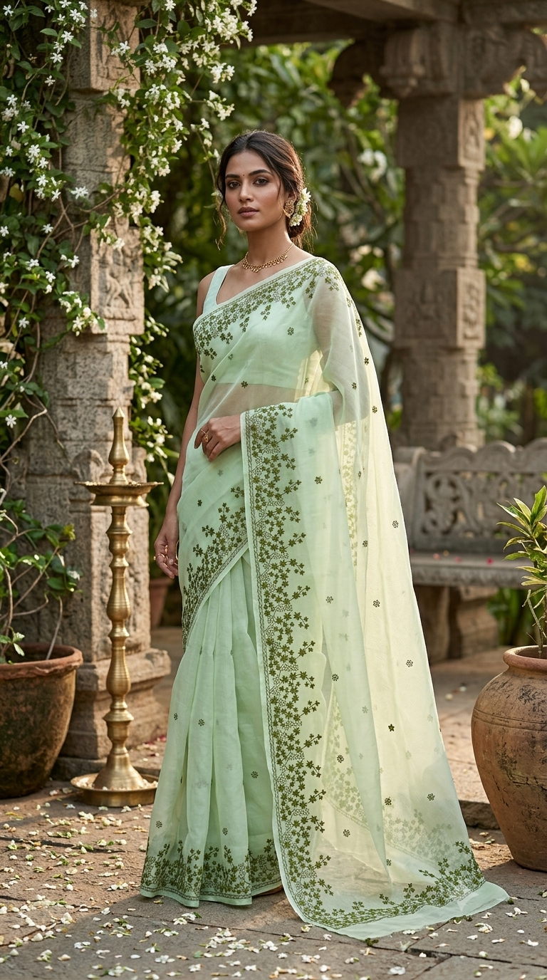 Mint Meadow Embroidered Silk Organza Saree