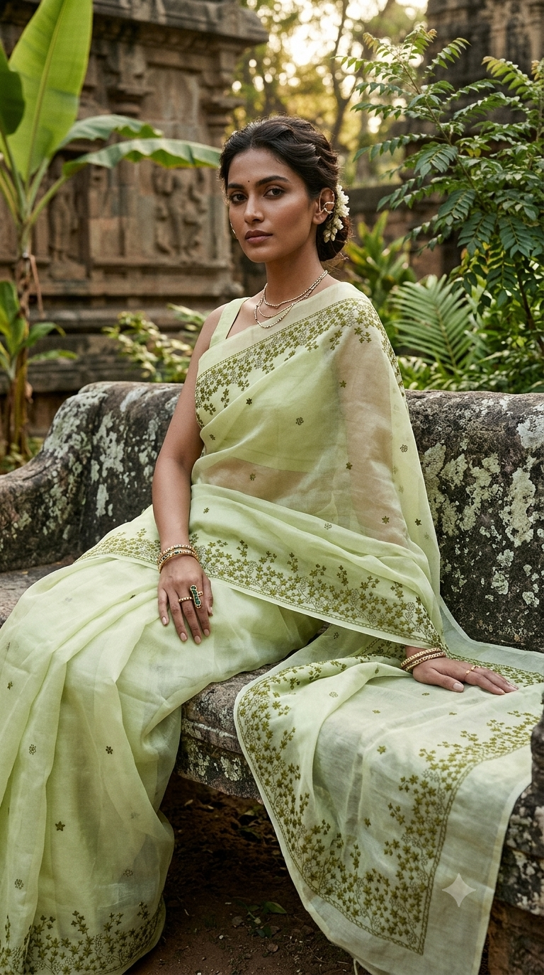 Mint Meadow Embroidered Silk Organza Saree