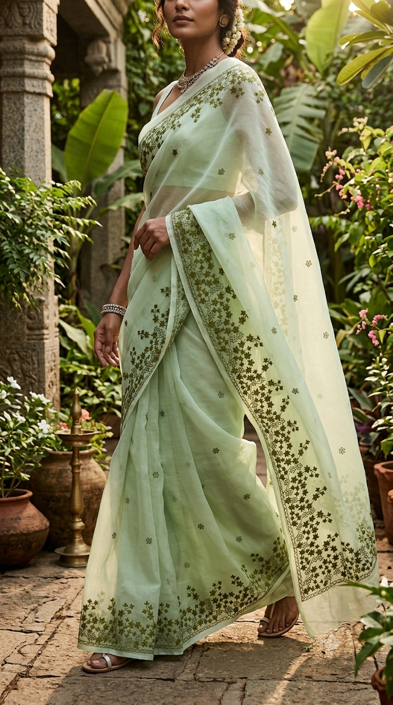 Mint Meadow Embroidered Silk Organza Saree