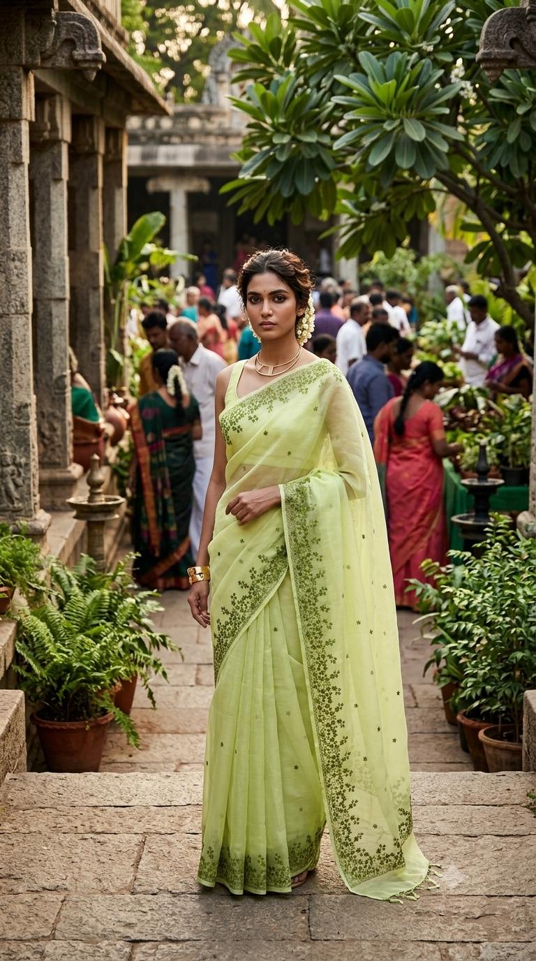Mint Meadow Embroidered Silk Organza Saree