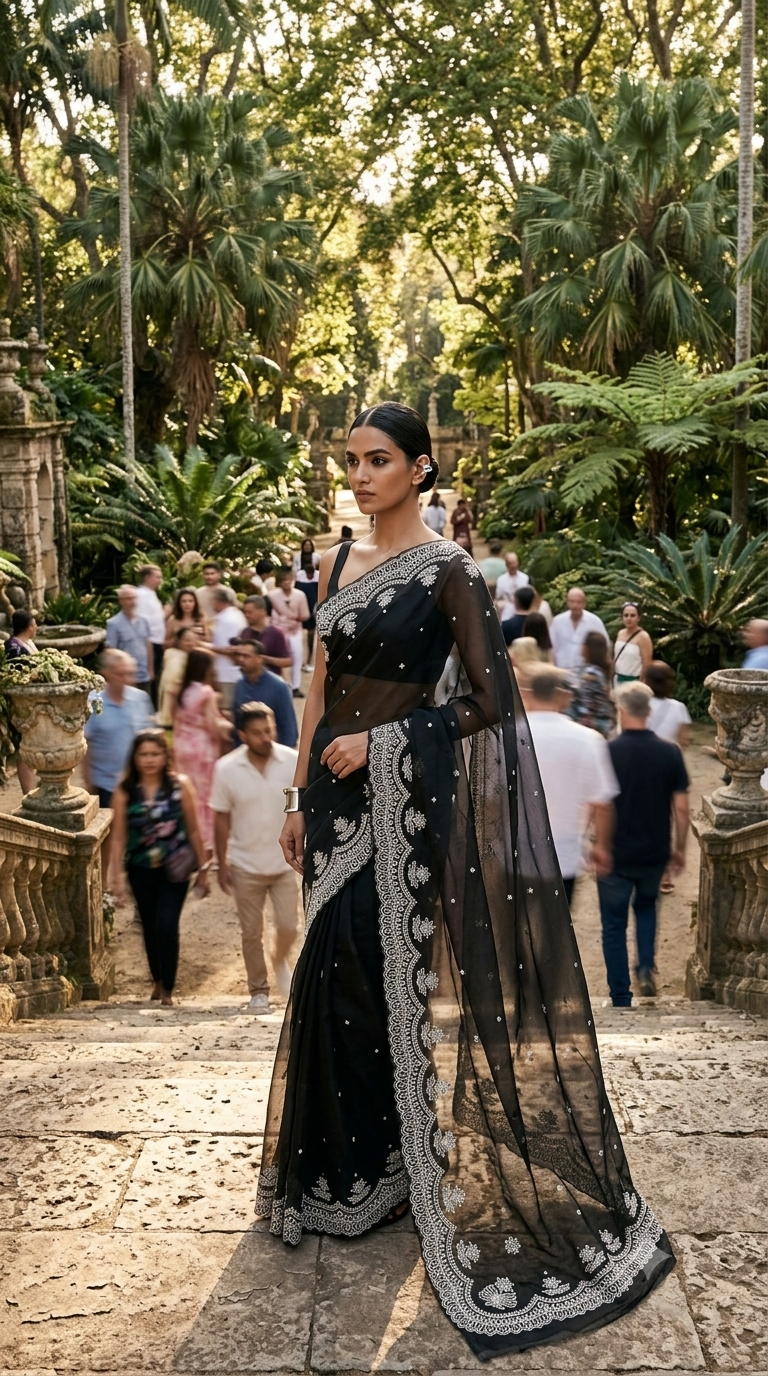 Midnight Noir Embroidered Silk Organza Saree