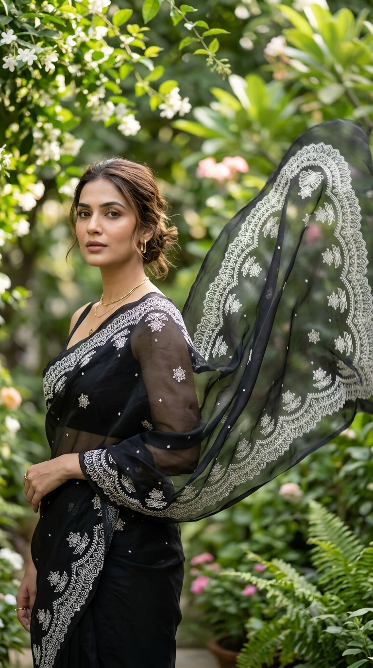 Midnight Noir Embroidered Silk Organza Saree