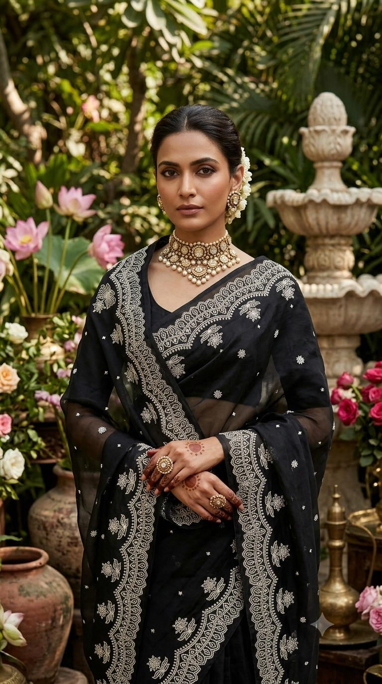Midnight Noir Embroidered Silk Organza Saree