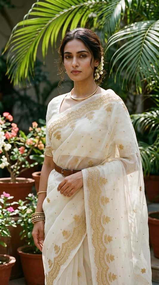 Ivory Grace Embroidered Silk Organza Saree