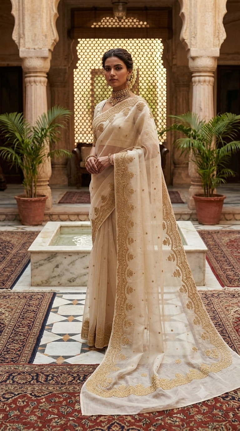 Ivory Grace Embroidered Silk Organza Saree