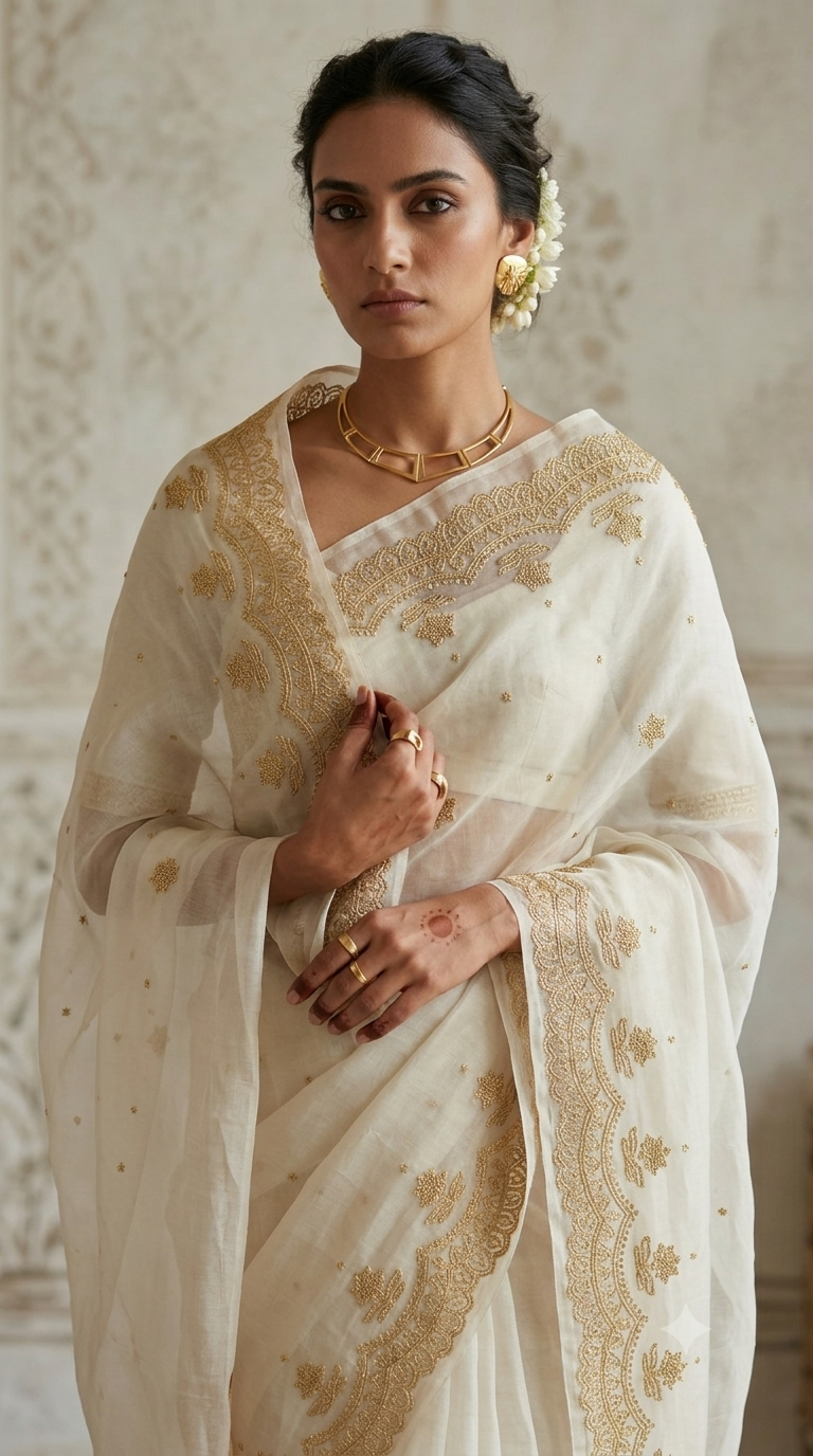 Ivory Grace Embroidered Silk Organza Saree