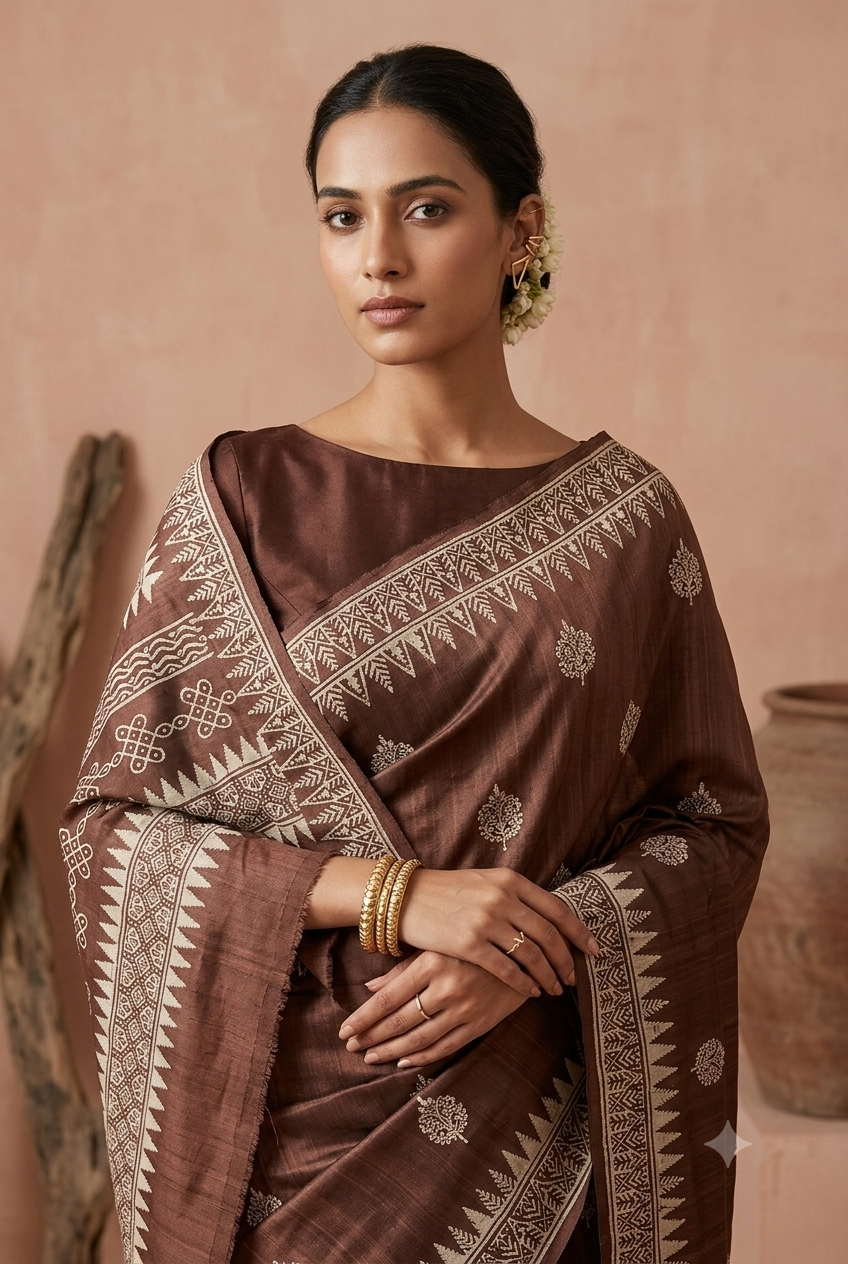Earthloom – Handwoven Dupion Silk Block Print Saree