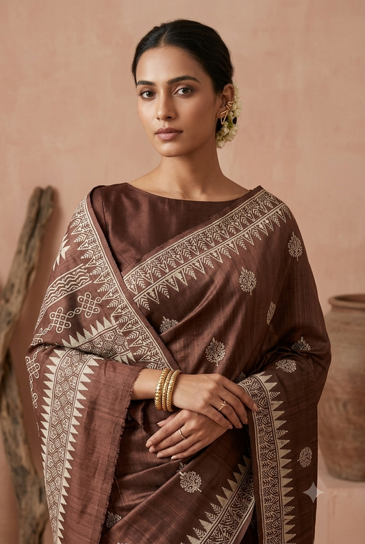 Earthloom – Handwoven Dupion Silk Block Print Saree