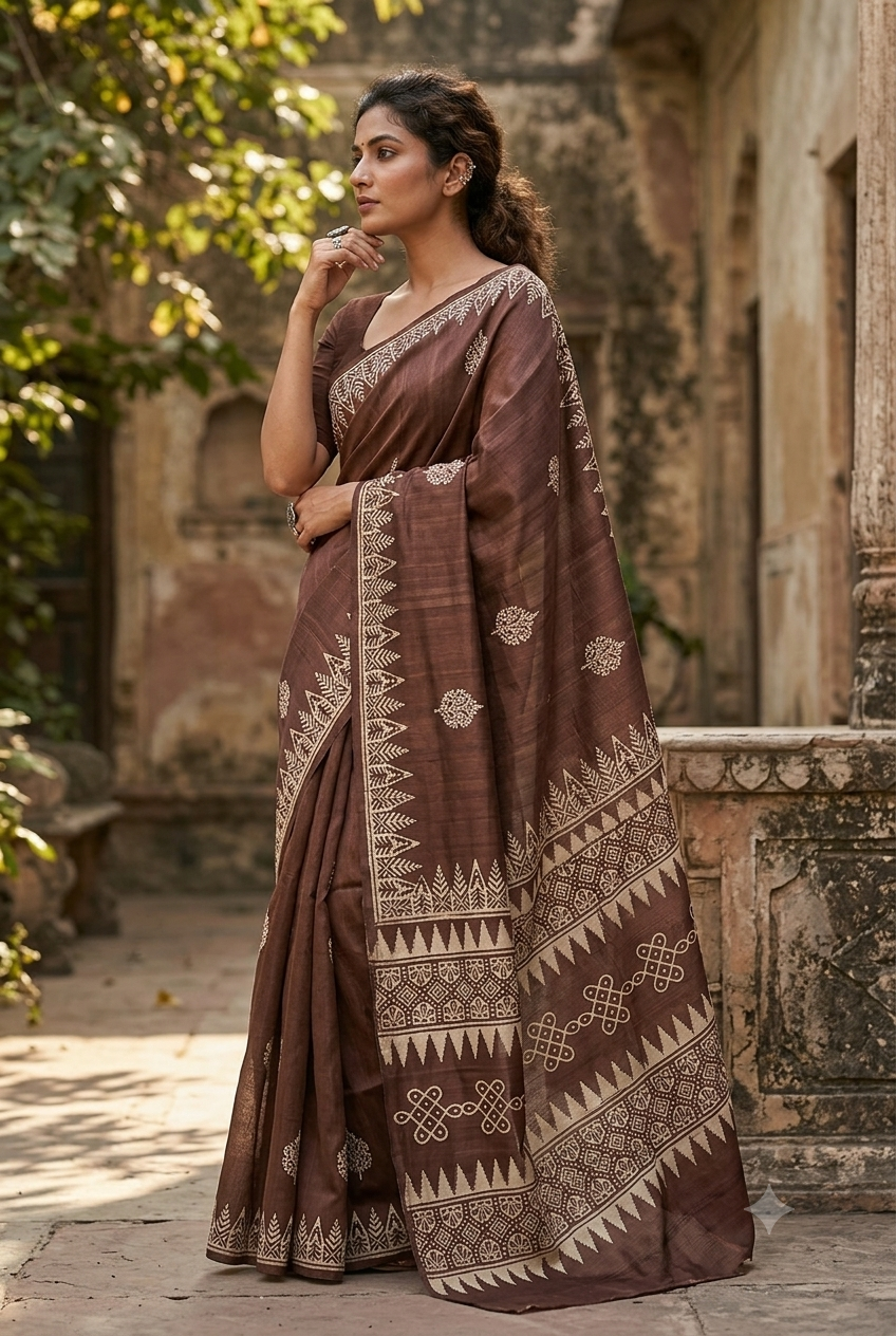 Earthloom – Handwoven Dupion Silk Block Print Saree