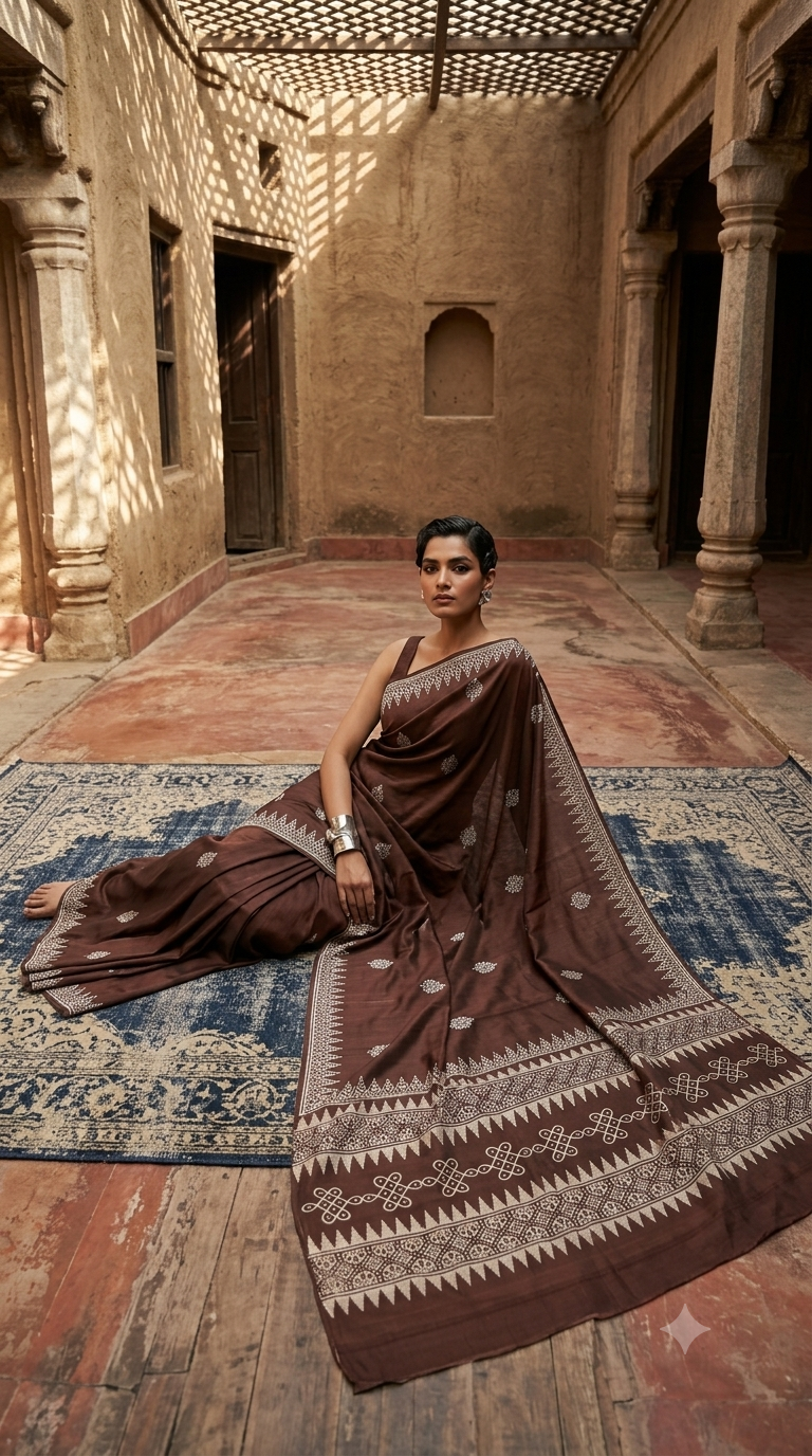 Earthloom – Handwoven Dupion Silk Block Print Saree