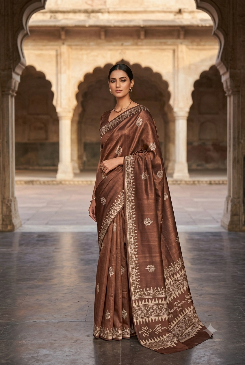 Earthloom – Handwoven Dupion Silk Block Print Saree