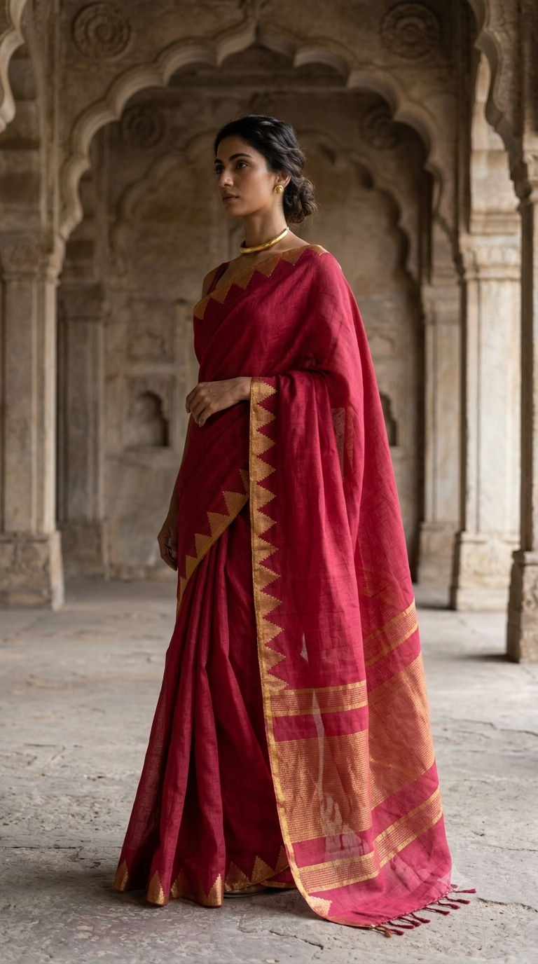 Crimson Heritage Linen Saree